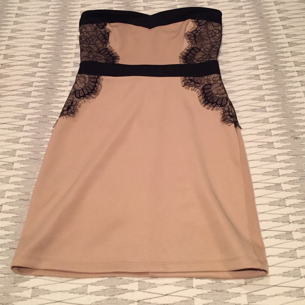 NWT Sexy Black Lace Trim Nude Bodycon Dress